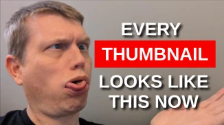 Andrew Kelleyがふざけた表情をし、隣に白と赤のテキストで「youtubeのサムネイルが今は決まってこんな感じです」と書かれています